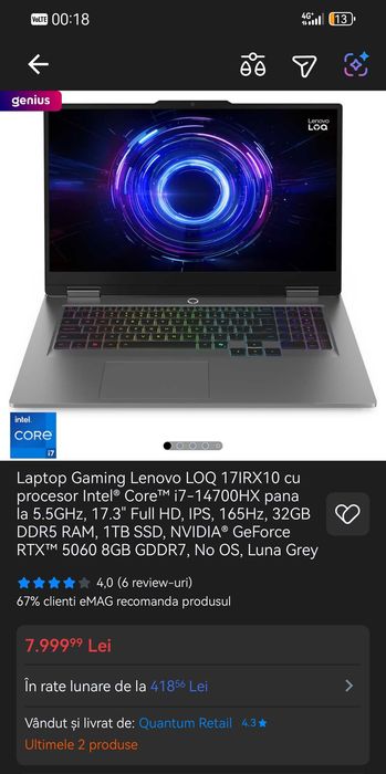 Laptop Gaming Lenovo loq 17IRX10 I7 14700HX RTX5060