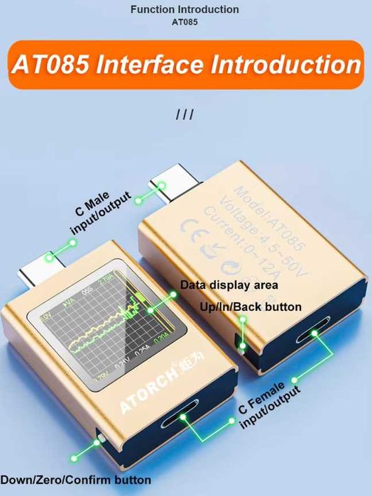 Новинка 2024 новый USB Type-C тестер AT085 DC 4,5-50V 0-12A 600W PD3.1