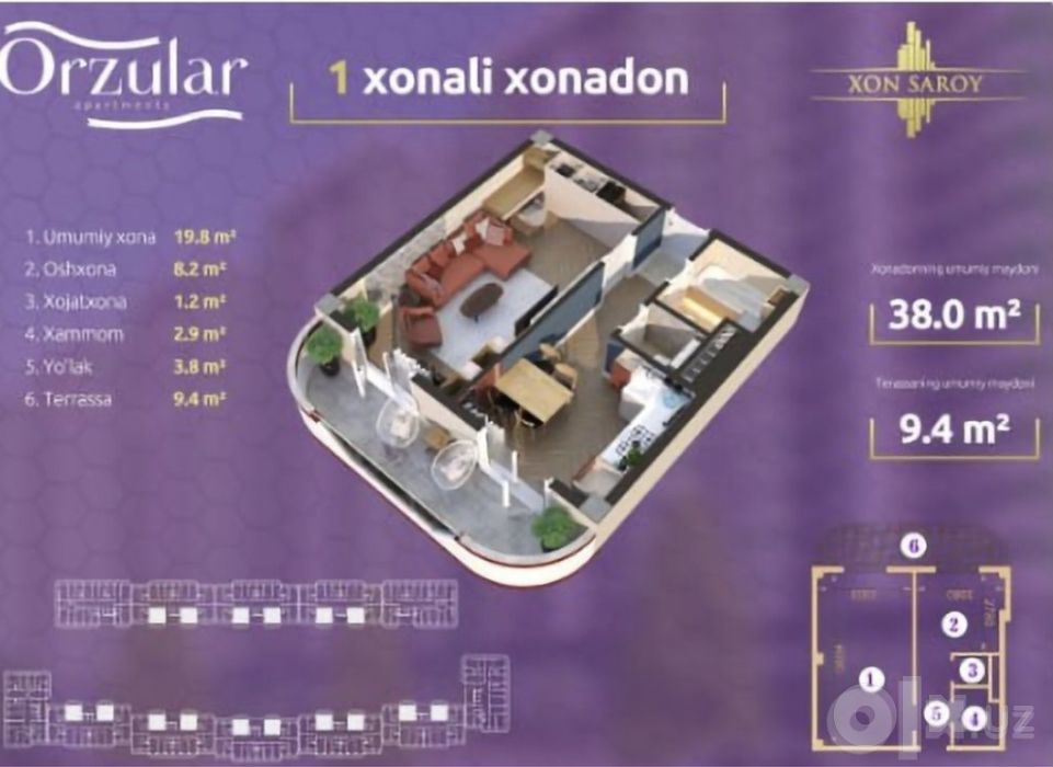 Орзулар хосарой 1 хона 11 этаж 48000