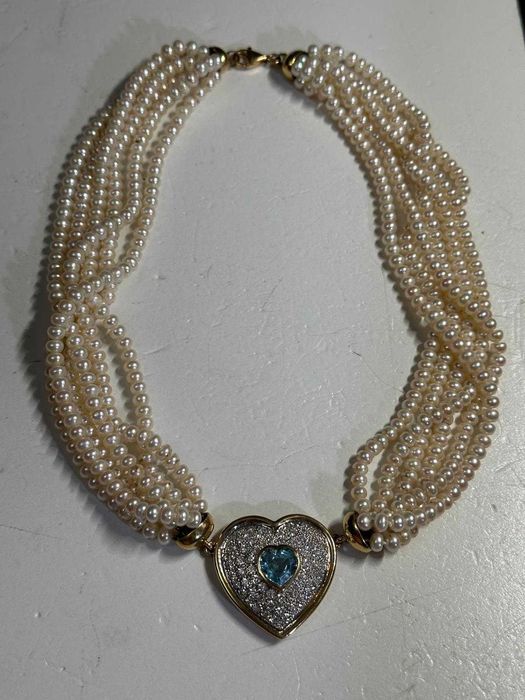 COLIER AUR 18K + 12 x 50 = 600 PERLE + 74 Diamante = 2.2CT + Aquamarin Inima = 3CT !