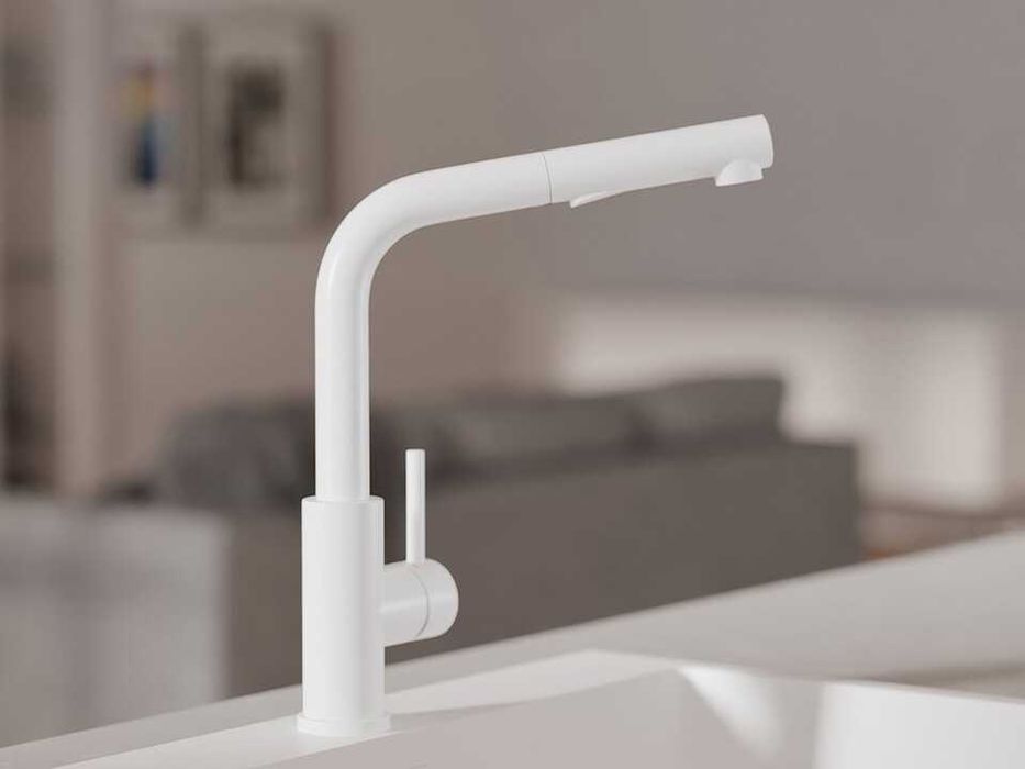 Бял смесител за кухня с изтегляща глава, 2 режима на струя - 3010