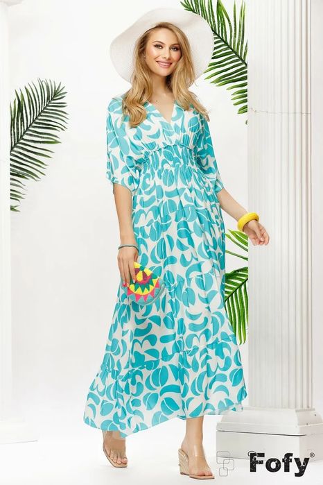 Rochie lunga de vara din vascoza racoroasa imprimeu aqua