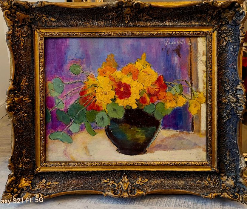 "Vas cu FLORI" Tablou VECHI, ulei/cart semnat Cca 65x55cm (50x40 pictu