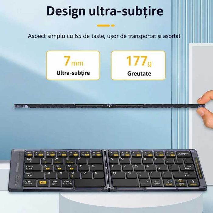 Tastatura Pliabila Universala, Wireless, Ultra Slim, Compatibila Windows, Android si iOS, Negru