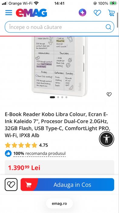 E-Book Reader Kobo Libra Colour, Ecran E-Ink Kaleido 7"