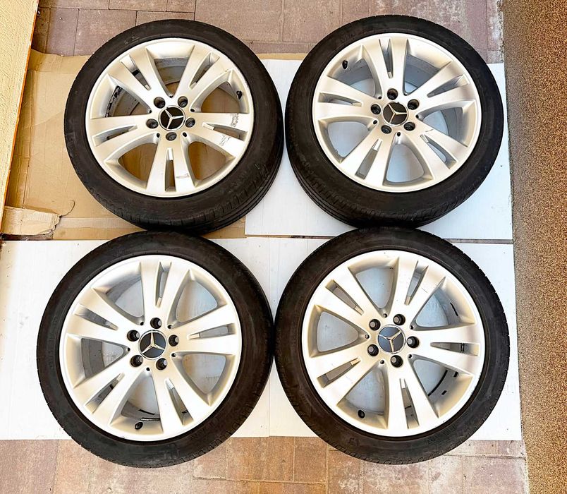Set 4 roti complete import Germania: jante originale MERCEDES clasa C E etc pe 17 + 225 45 17 VARA cu profil ramas W204 W212 W205 W211 5x112 66.6