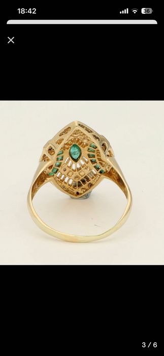Inel aur galben 14 ct cu smaralde si diamante