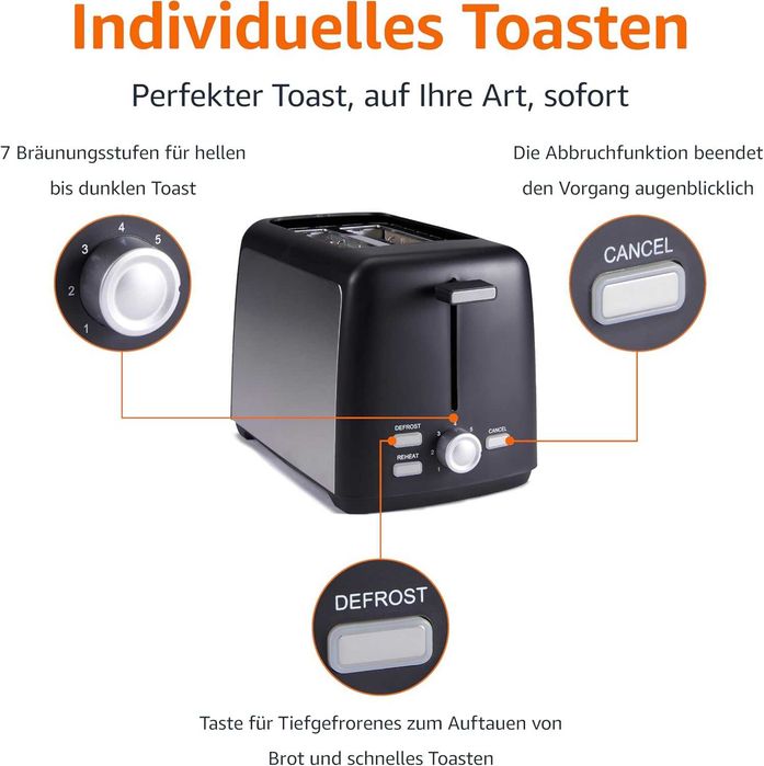 Тостер за 2 филии Amazon Basics със 7 нива на препичане 800 W