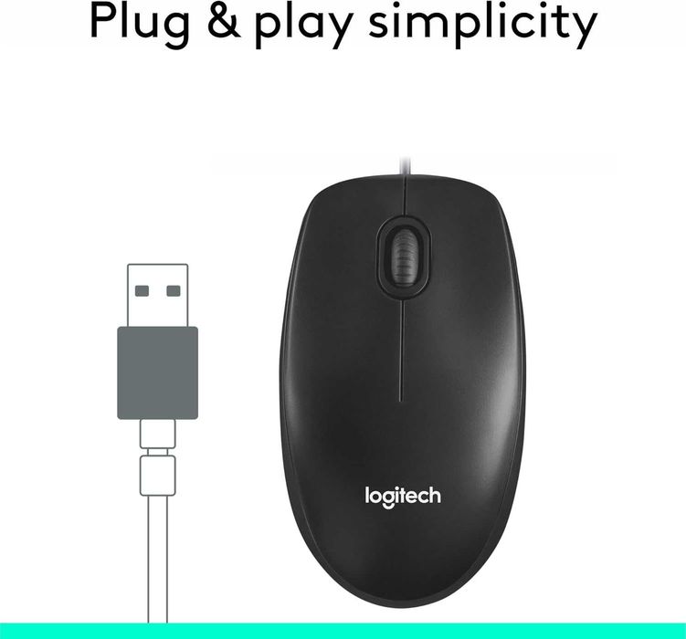 Мишка Logitech M100 с кабел, USB, 3 бутона, 1000 DPI, черна