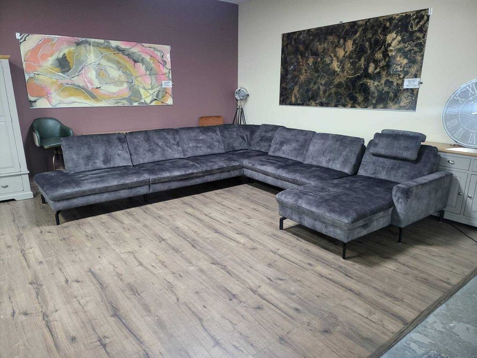 Голям сив П образен ъглов диван от плат с ел. лежанка "LS701521"