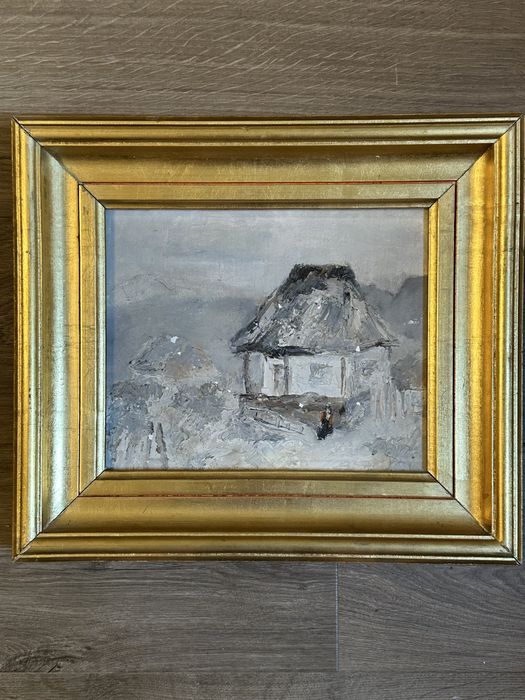 Tablou vechi ulei pe pânză peisaj iarna casa taraneasca rama aurie 36x41cm