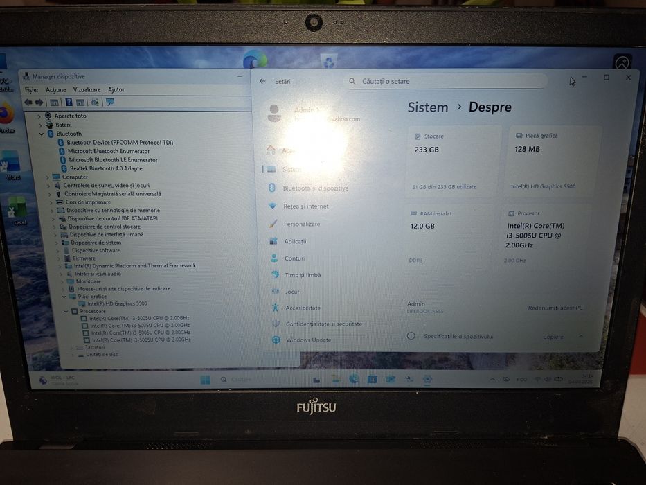 Fujitsu A555, SSD 250gb, 12 gb ram, Intel i3, Bluetooth, Windows 11