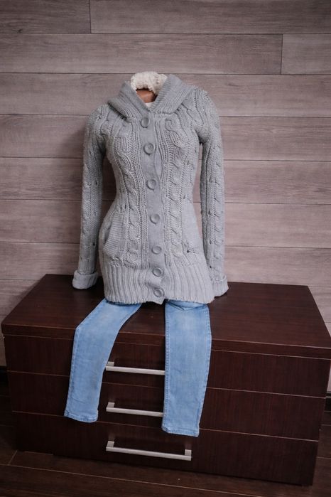 Cardigan lung TALLY WEIJL gri, tricotat, cu glugă, mărimea S