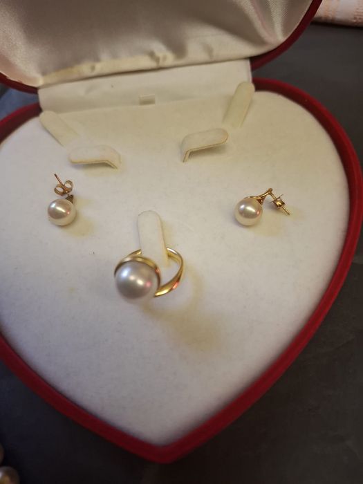 Set aur 18k cu perla bijuterii inel si cercei