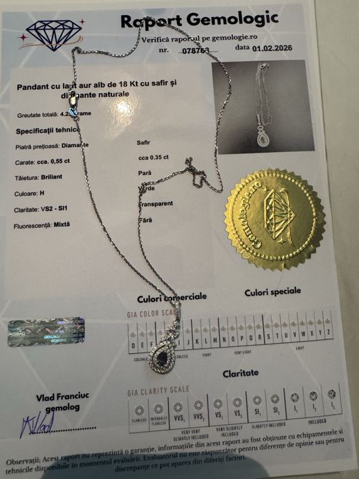 Lant aur alb 18k cu Safir Verde natural si Diamante 0.55ct - Certificat