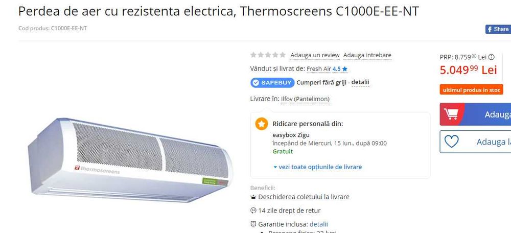 Perdea aer cald  incalzire second  Thermoscreens C Series 9kW c1000e