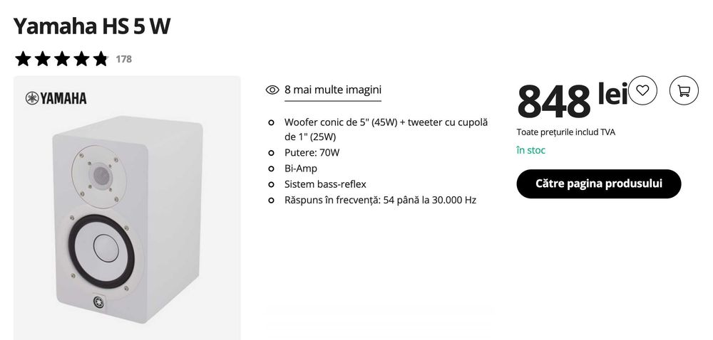 Monitoare Studio Yamaha HS5 Albe + modul bluetooth, jack, eARC, spdif