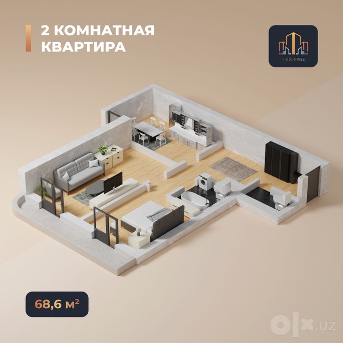 Продаётся 2 комнатная квартира 65 кв.м жк Sune rise можно переделет 3
