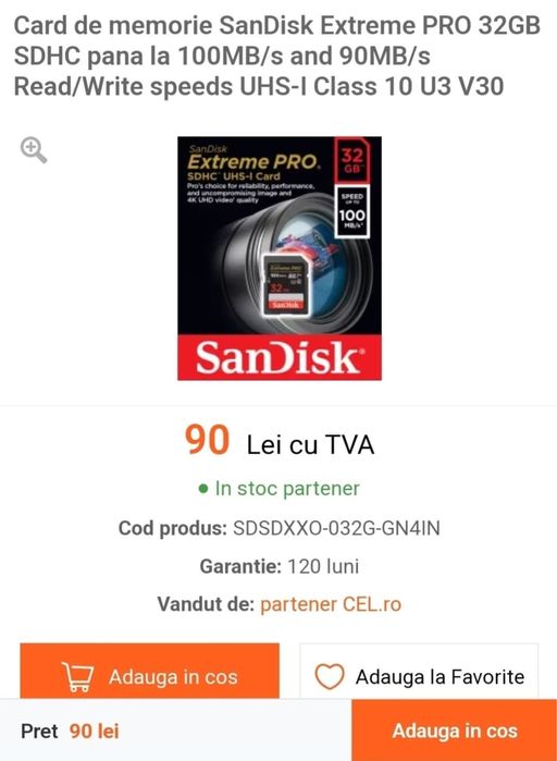 Card de memorie SanDisk Extreme PRO 32GB SDHC pana la 100MB/s
