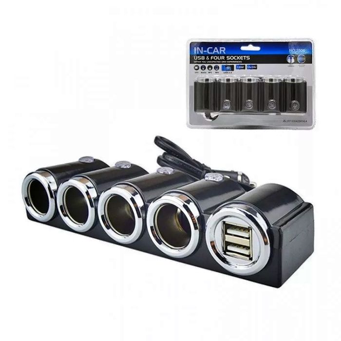 Разклонител за запалка с 4 гнезда, 2 USB 12-24 Volt