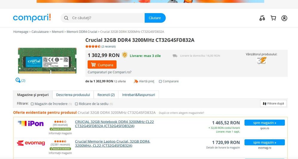 Memorie laptop , sodim CRUCIAL 32GB Notebook DDR4 3200MHz , sigilate noi