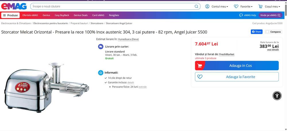 Storcator Angels 5500, inox, 3 cai putere