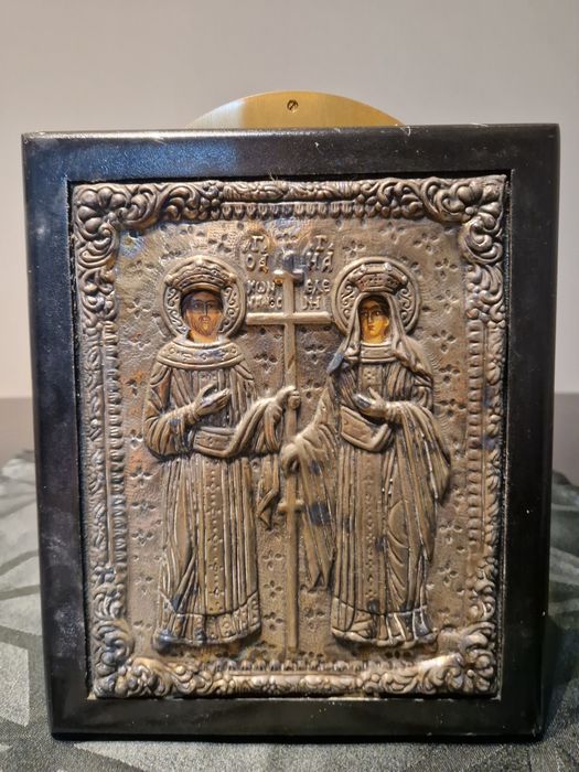 Страхотна антикварна сребърна икона Свети Константин и Елена със серти