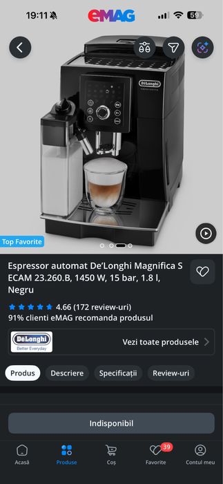 Espressor automat DeLonghi Magnifica S ECAM 23.260.B, 1450W, 1.8L, 15