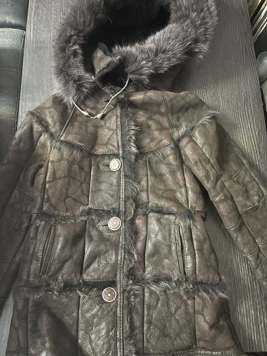 Кафяво детско кожено палто с качулка