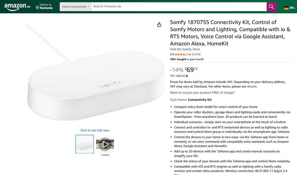 Kit de conectivitate Somfy 1870755, Google Assistant, Alexa, HomeKit