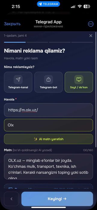 Telegram'da reklama — 900 000 so'mdan, to'g'ridan-to'g'ri