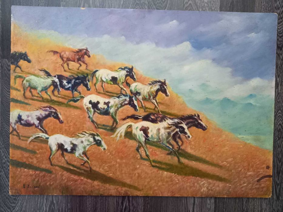 A. Bellomi – „Cai alergând la vale” – ulei pe placaj, 70 × 49,5 cm