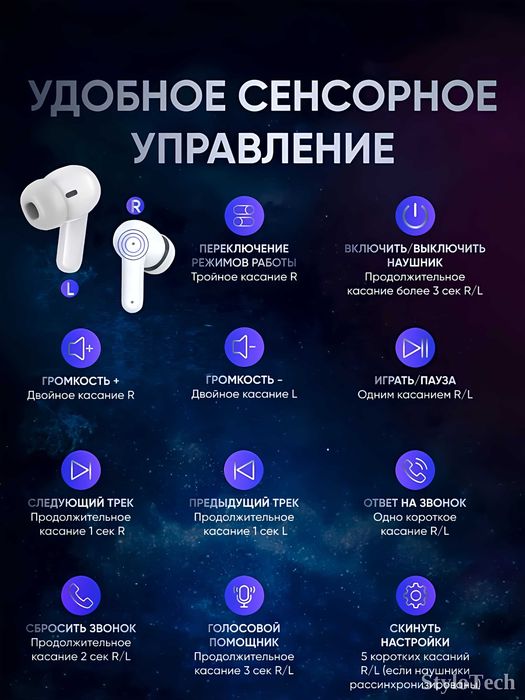 Беспроводные наушники с микрофоном, сенсорные с шумоподавлением