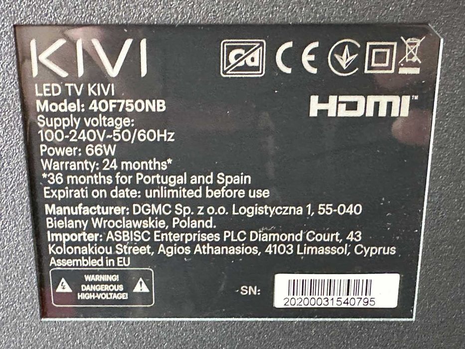 Телевизор KIVI LED 40F750NB, 40" (102 см), Smart Android TV, Full HD