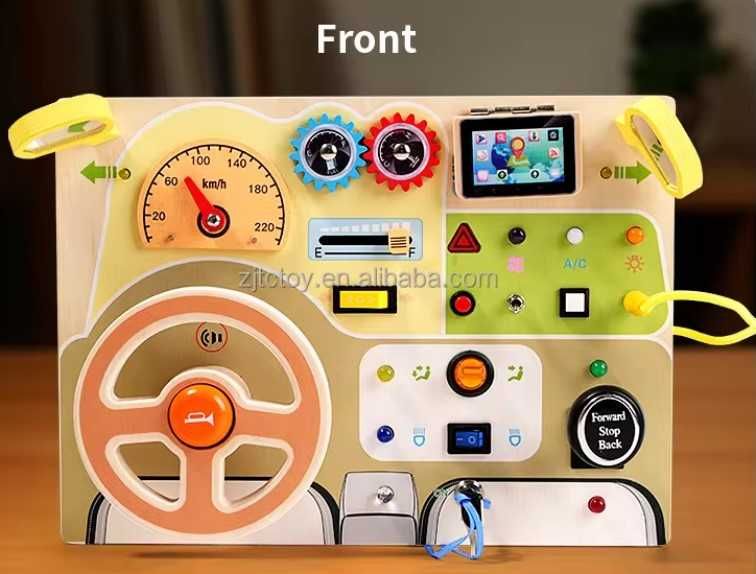 Placa senzoriala Montessori Busy board din lemn cu lumini si butoane