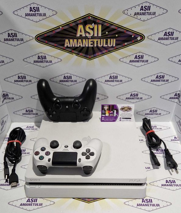 Asii Amanetului - Consola PlayStation 4 Slim (PS4) cu doua manete, cablu de alimentare si HDMI