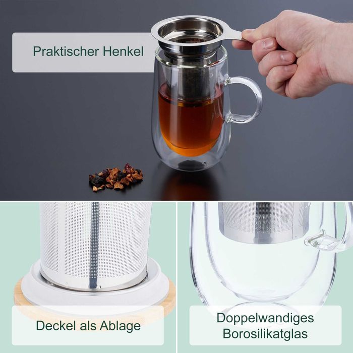 Cana din Sticla cu Infuzor si Capac din Bambus 430 ml cu Perete Dublu