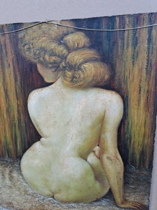 tablou vechi nud pictura pe pfl 46/53 cm semnat C Scortea