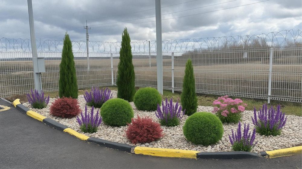 Кустарники, деревья, газон