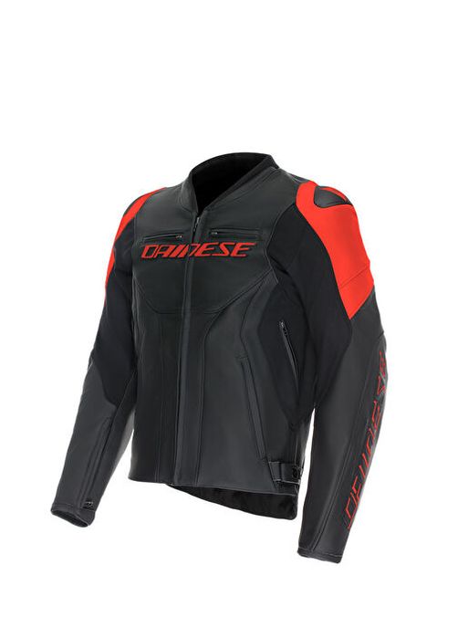 Geacă moto piele Dainese Racing 5 - Negru/Roșu Fluo, Mărimea 60 + Protecție Spate Nivel 2