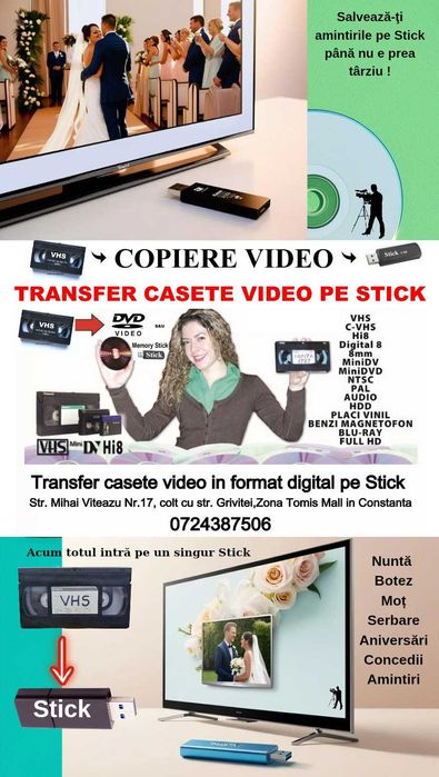 Transfer casete video VHS, 8 mm, MiniDv, pe Stick USB, HDD sau DVD