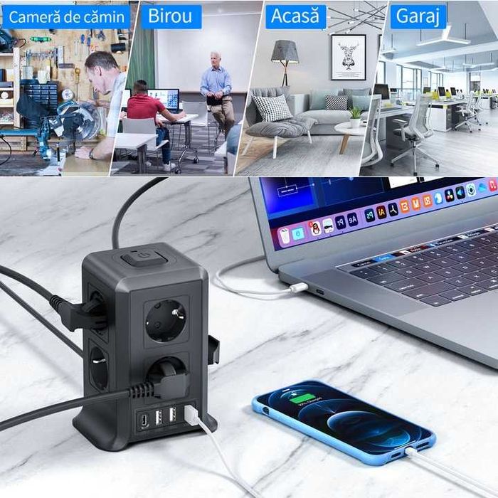 Prelungitor turn Sameriver,4 porturi USB 2,4A, 8 prize,2m,1200 jouli