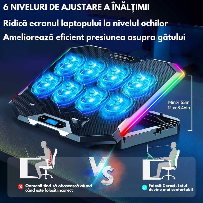 Cooler laptop, Suport de Racire RGB cu 8 Ventilatoare, 6 Trepte Reglab