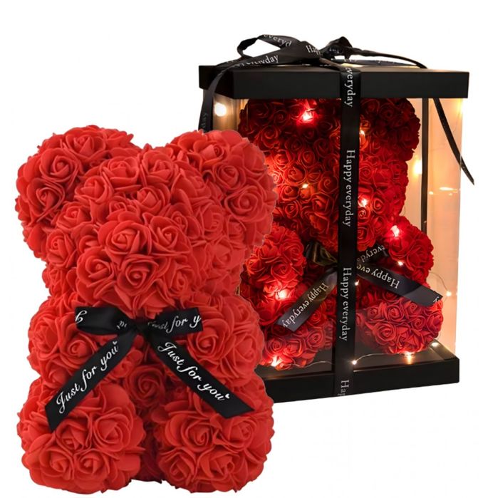 Плюшено мече с LED рози - подарък за нея - комплект вечни рози