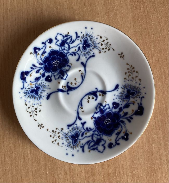 Set 6 cesti portelan artizanal, Cluj, cobalt si aur veritabil