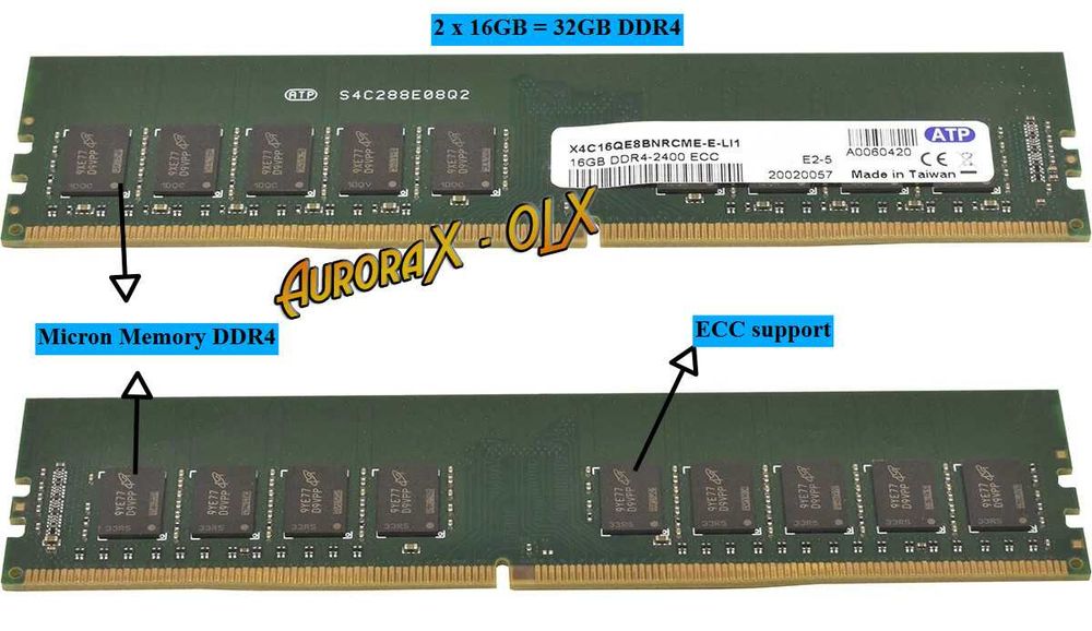 memorii RAM PC desktop tip DDR4 16GB Micron, kit 32GB 2x16GB noi, ECC