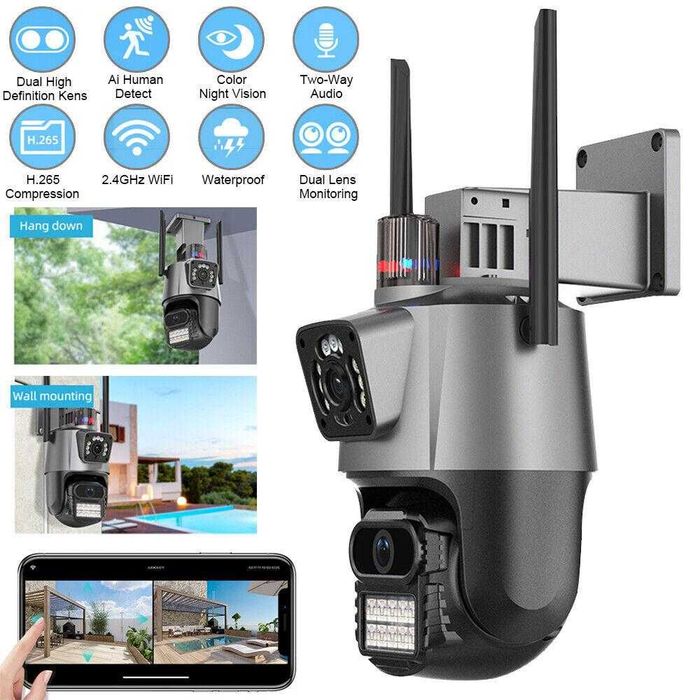 WiFi двойна IP камера 8MP с нощно виждане, iCSee, PTZ и следене на хора