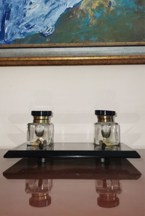 Мастилница мраморна оригинален комплект в стил Арт Деко две стъкленици