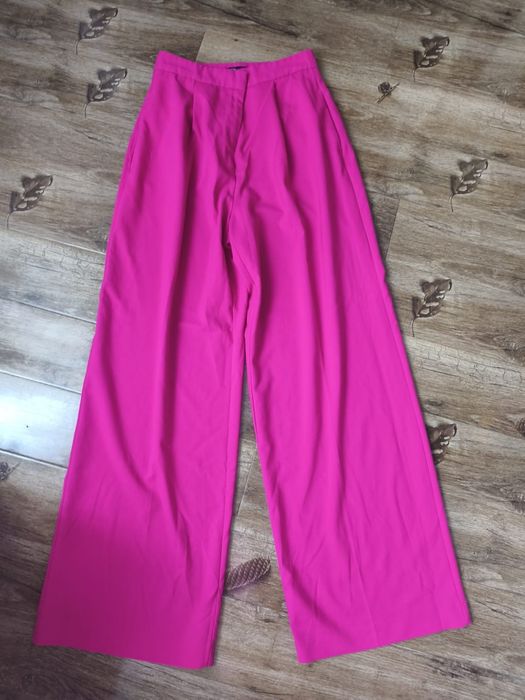 Pantaloni eleganți Zara roz mărime s model wide leg cu talie înaltă