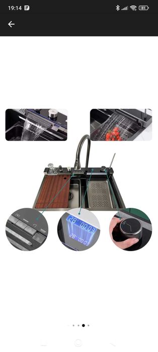 Chiuvetă bucătărie multifuncțională cu LED și cascade – nouă, inox